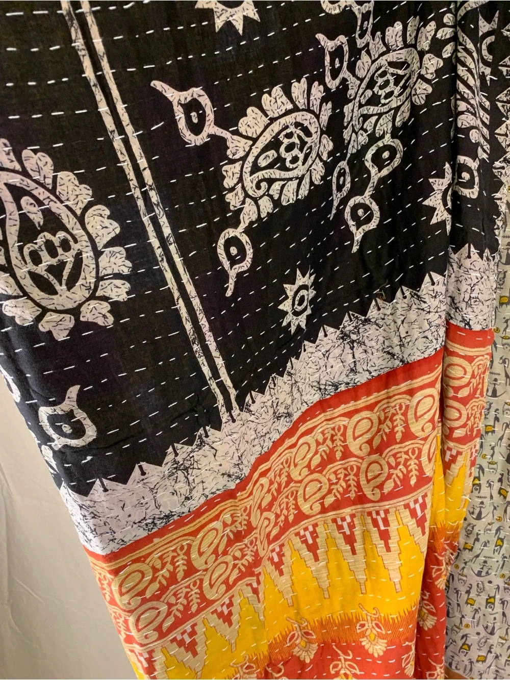 Handmade Kantha Quilt Twin Size Recycled Sari Cotton Grey Mustard Rust Black